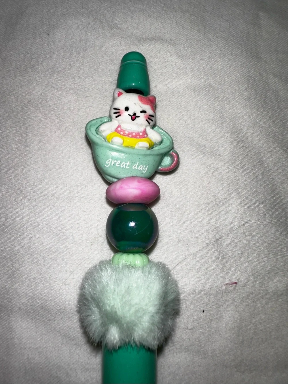 Cute Mint Cat in a cup with “great day” for a positive vibe custom pen